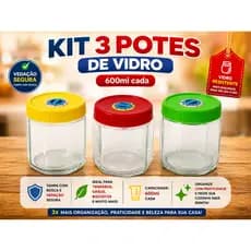 KIT  Pote de Vidro-  Pote Hermético 600ml com Tampa Rosqueável | Organizador de Alimentos e Mantimentos- kit potes
