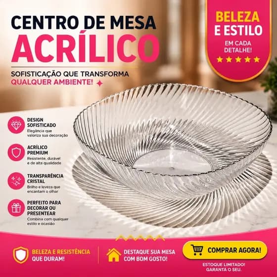 Centro de Mesa Transparente Luxo Texturizado – Tigela Decorativa Moderna para Sala e Mesa Posta