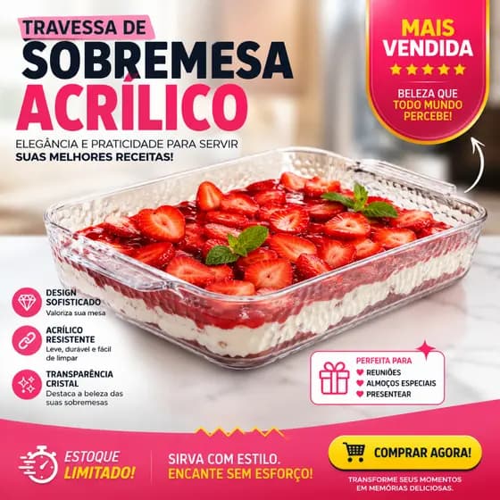 Travessa Sobremesa Transparente Multiuso Reforçada Para Mesa Posta Cozinha