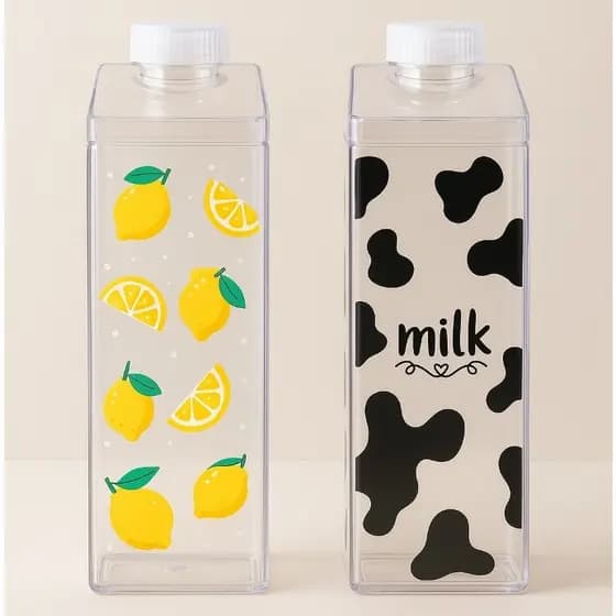 Kit Garrafa Acrílica Transparente Portátil Caixa de Leite Milk e Suco Decorativa Geladeira 500ML