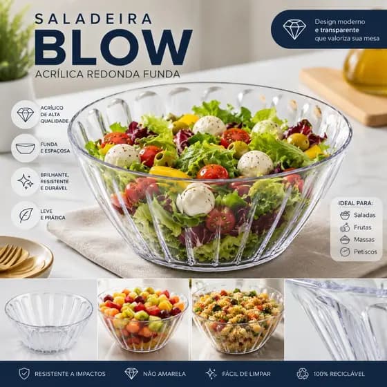 Saladeira Bowl Acrílico Redonda 7.8L 34cm Tigela Grande Cozinha Receita Mesa Posta