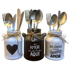 3 Leiteira Ceramicas Decoradas Fios de Rami Organizador Cozinha Enfeite