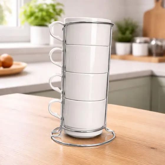 KIT 4 Canecas Branco em Acrilico 210ML + Suporte Cromado Casa Cozinha