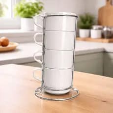 KIT 4 Canecas Branco em Acrilico 210ML + Suporte Cromado Casa Cozinha