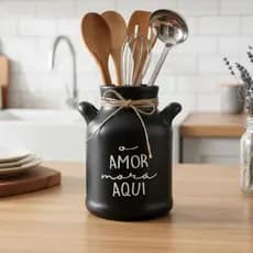 Porta Talheres Cerâmico Colher de Bambu Organizador Casa Cozinha