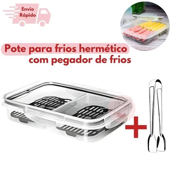 Pote Hermético Porta Frios Com Escorredor Tampa Trava 2 Divisórias Retangular + Pegador de Frios Inox