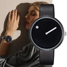 Estilo Minimalista Relógios De Pulso Couro Feminino Masculino Criativo Preto Branco Design Ponto & Linha Simples Rosto Q