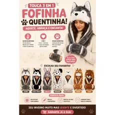 Touca 3 em 1 Pelúcia Animal Com Alça Para Mãos Touca Cachecol E Luva Quentinha