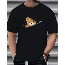 Camiseta Masculina Gola Redonda Estampado Ursinho Camisa Algodão Slim Casual