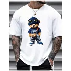 Camiseta Masculina Ursinho Estiloso Azul Camisa Premium 100% Algodão Casual