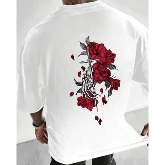 Camiseta Oversized Masculina Feminina Cruz Rosas Blusa Streetwear Ombro Caido 100% Algodão