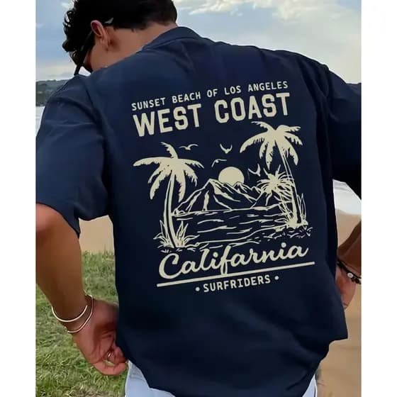 Camiseta Masculina Vintage West Coast Califórnia Surfista Praiana Algodão Oversized
