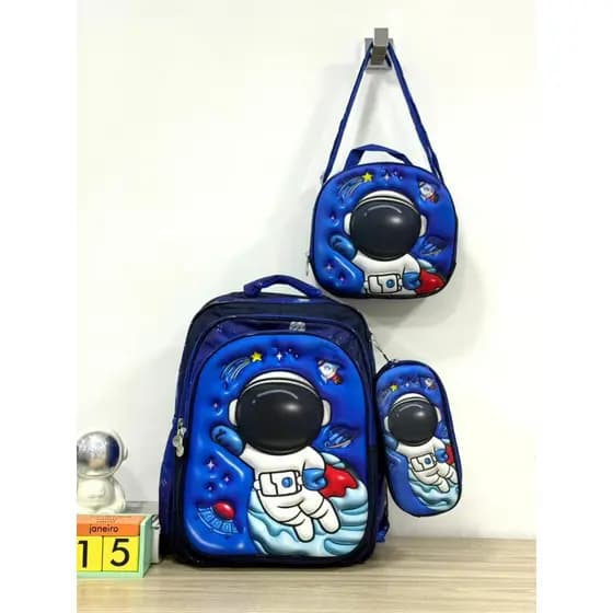 Kit Mochila Escolar 3D Infantil Bolsa Lancheira Estojo Estampas Menino Menina Alto Relevo