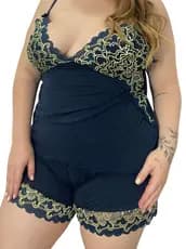 Kit Pijama Baby Doll Bicolor  PLUS SIZE Blusinha Suede Confortavel e Fresquinho