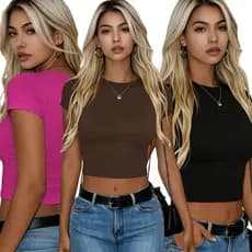 KIT 2 Baby Tee Feminina Blusa Slim Fit Manga Curta T-shirt Básica Lisa Alta Qualidade Para dia a dia