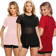 Blusa Feminina Transparente De Tule Manga Curta Camiseta Academia Treino Fitness Musculação