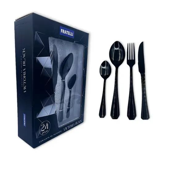 Faqueiro 24 Peças Conjunto Jogo De Talheres De Luxo Black Preto Aço Inoxidavel Resistente Chique Original