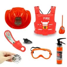 Kit Bombeiro Infantil Fantasia 9 Peças Extintor Capacete Colete Apito Acessórios Aniversário Festa