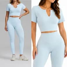 Conjunto fitness caneladinho premium cropped manga curta + legging sem costura cos alto roupa academia feminina