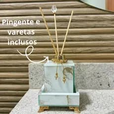 Kit Difusor De Ambiente Com Bandeja 10x10 2 Peças Vidro Banheiro Lavabo Efeito Mármore