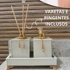 Kit Lavabo Banheiro Vidro Efeito Marmore Com Difusor de Ambientes Saboneteira e Bandeja 20x10