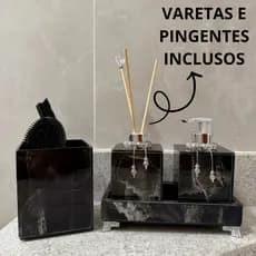 Kit Banheiro Lavabo Higiene 4 Peças Porta Escova Pente Saboneteira E Bandeja 20x10 Efeito Mármore