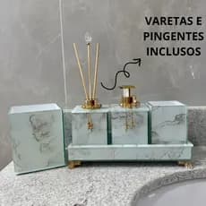 Kit Banheiro Lavabo Higiene De Vidro Efeito Mármore 5 Peças Saboneteira Porta Escova Pente E Difusor