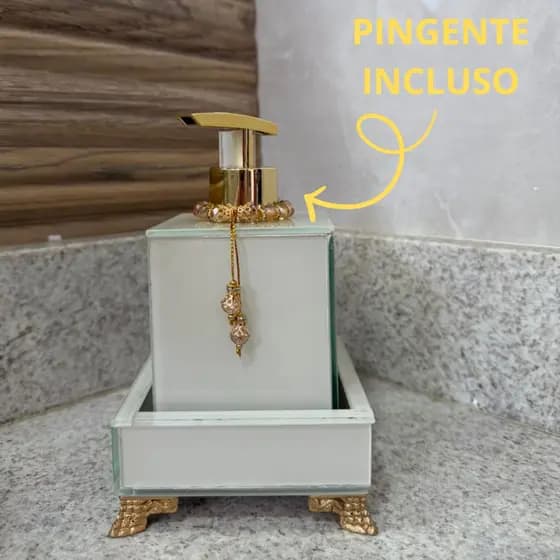 Kit Saboneteira Com Bandeja 10x10 2 Peça Porta Sabonete Líquido Vidro Banheiro Lavabo Efeito Mármore