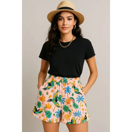 Short Feminino Estampado Com Bolso Tecido Leve Soltinho Com Ajuste Na Cintura Verão