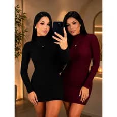 Vestido Feminino Canelado Manga Longa Gola Midi Justo Modelador Moda Bloguerinha