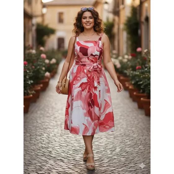 Vestido Midi Estampa Abstrata Marble – Elegância e Fluidez Forrado Com Faixa na Cintura