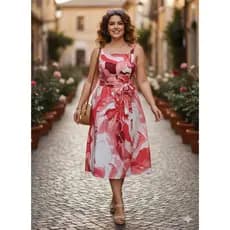 Vestido Midi Estampa Abstrata Marble – Elegância e Fluidez Forrado Com Faixa na Cintura