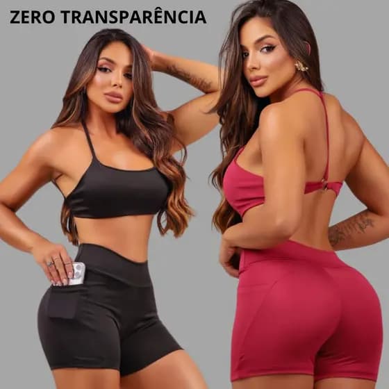 Conjunto fitness feminino ] shorts possui bolso lateral funcional ideal para guardar pequenos objetos como celular chave
