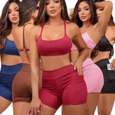 KIT 5 Conjunto fitness feminino ] shorts possui bolso lateral funcional ideal para guardar pequenos como celular chave