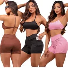 KIT 3 Conjunto fitness feminino ] shorts possui bolso lateral ideal para guardar pequenos objetos como celular chave