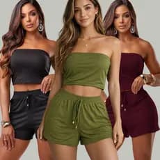 Conjunto Feminino Short  Blusa] Confortavel Festa Dia Dia Saida Caminhada Verao Outono Tomara que Caia