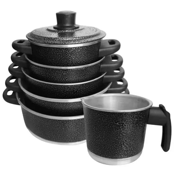 Jogo De Panela Alumínio 5 Pçs Preto Craqueado + Fervedor N12