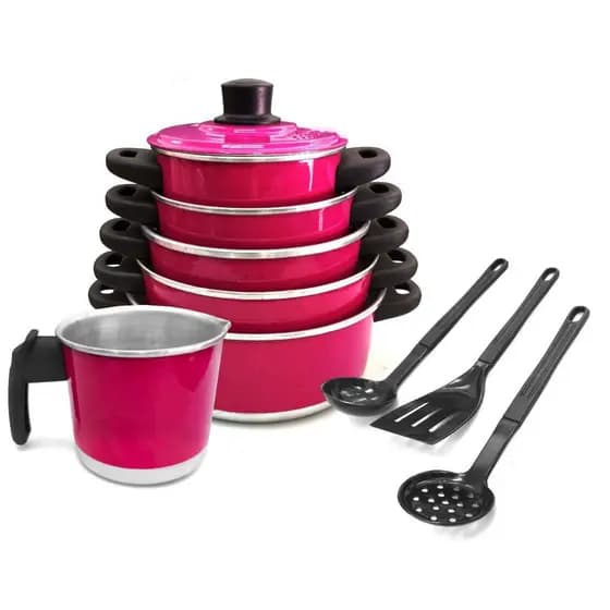 Jogo de Panelas Rosa Pink 5 pçs + Fervedor de Leite n 12 + Kit de Espatula