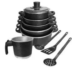 Jogo de panelas 9 peças preta craqueada com utensílios