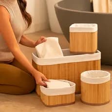 Kit 4 e 3 Cestos Organizador De Bambu Multiuso Com Forro Conjunto Cesto Organizador Banheiro Quarto