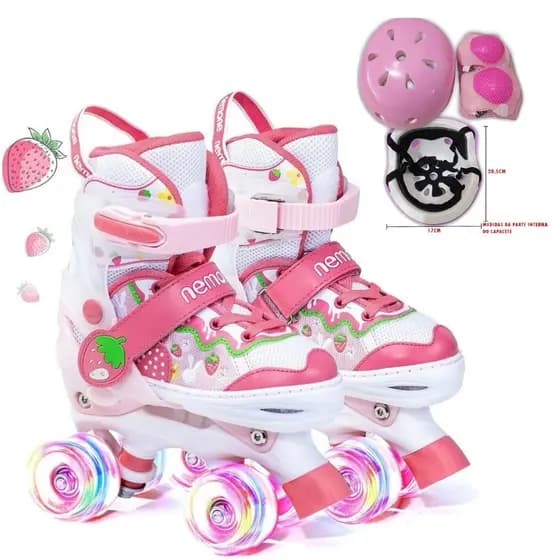 Patins Infantil 4 Rodas Menina Rosa Morango Promoção Com Led + Proteção Ajustável