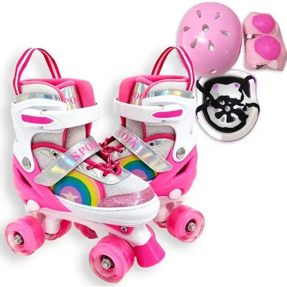 Patins Infantil Quda Meninas Com LED +  Protecao Patins Criancas De 4 Rodas Rosa arco-iris