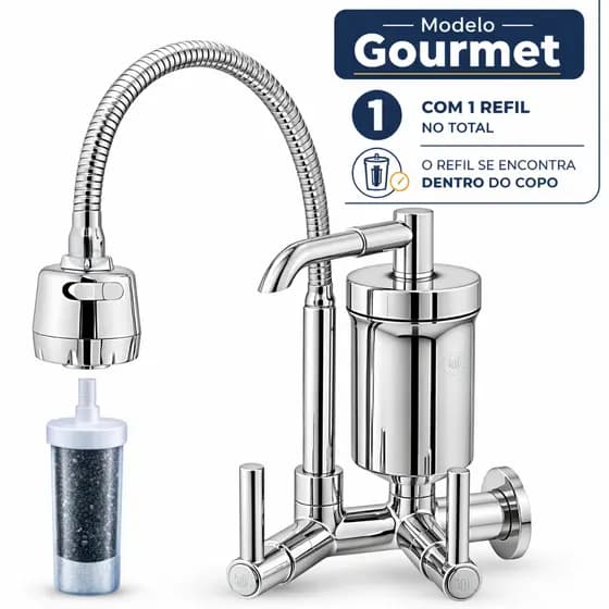 Torneira com Filtro de Cozinha Gourmet Flexível Chuveirinho e Arejador 2 Jatos Parede