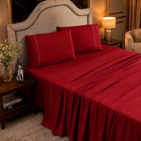 Jogo de Cama 4 Peças 400 Fios Lençol + Fronha com Ponto Palito Tecido Aveludado Cores Elegantes