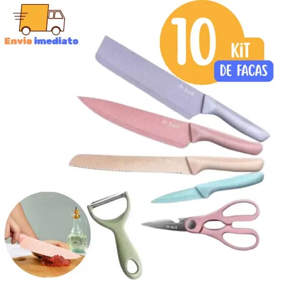 10 Kit Facas com 6 Peças Resistente Conjunto de Facas Coloridas  para Casa Cozinha