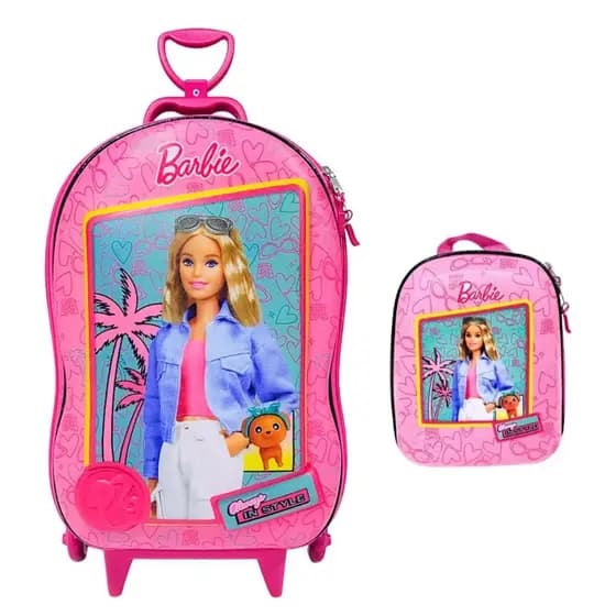 Kit Mochila Escolar 3 D Rodinha + Lancheira Barbie Rosa