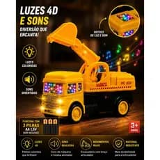 Caminhão Escavadeira Infantil Completo Luz e Som 4D Musical Luz Led Movimento 360 Super Trucks