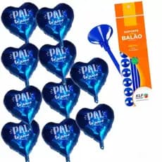 Kit 10 Balões Metalizado Coração PAI TE AMO 21 CM + Vareta AZUL 30Cm