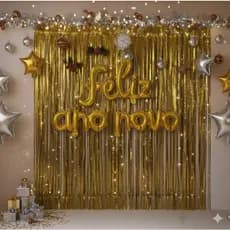 Kit Feliz Ano Novo Dourado e Prata – Balões Metalizados + 2 Cortinas Douradas para Decoração