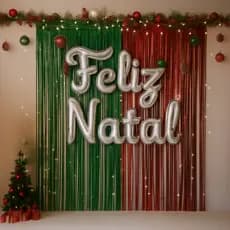 Kit Natalino com Balão Metalizado “Feliz Natal” Cursivo + Cortina Verde Decorativa – Festa de Natal